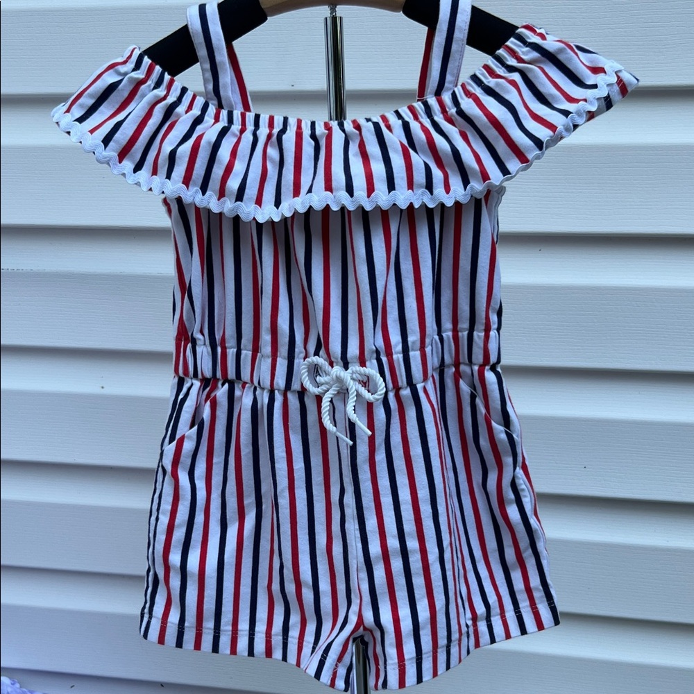 Janie and Jack Striped Romper with Ruffled Neckline